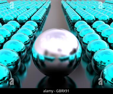 3D render image di righe di sfera in colore blu seguente una grande sfera di colore grigio che rappresenta un leader forte concetto. Foto Stock