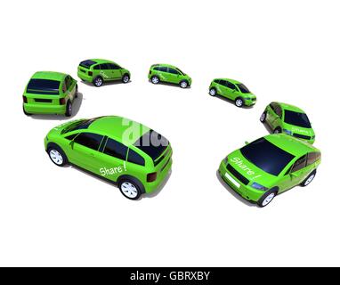 3D Render Image che rappresenta un cerchio di colore verde auto in rappresentanza di car sharing concept. Foto Stock