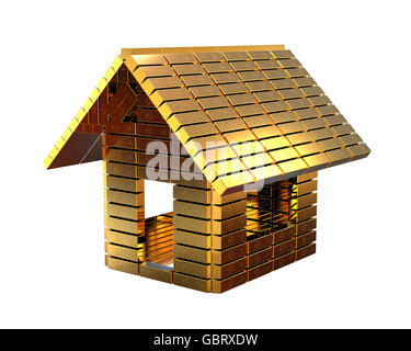 3D Render Image che rappresenta una casa fatta di oro bar. Casa costoso concetto. Foto Stock