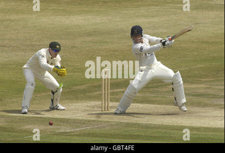 Rory Hamilton-Brown di Sussex (a destra) colpisce un quattro fuori dal bowling di Nathan Hauritz Australia (non illustrato) come il guardiano del wicket australiano Brad Haddin (a sinistra) guarda avanti durante la partita del tour al County Ground, Sussex. Foto Stock