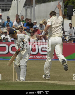 Il Sussex's Rory Hamilton-Brown è calciato da Brett Lee (a destra) dell'Australia durante la partita del tour al County Ground, Sussex. Foto Stock