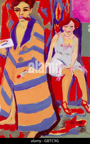 Belle arti, Kirchner, Ernst Ludwig, (1880 - 1938), pittura, 'Selbstbildnis mit Modell' ('self ritratto con modello"), 1910, olio su tela, 150,5 cm x 100 cm, sala delle arti, Amburgo, Foto Stock
