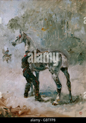 Belle arti, Toulouse-Lautrec Henri de (1864 - 1901), pittura, 'Artilleur sellant figlio cheval' (Montato Artilleryman saddling il suo cavallo), 1879, Museo Albi, Foto Stock