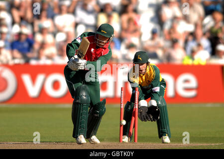 Cricket - Twenty20 Cup 2009 - North Division - Nottinghamshire Outlaws / Leicestershire Foxes - Trent Bridge. Paul Nixon di Leicestershire è pulito bowled da Mark Ealham di Nottinghamshire Foto Stock