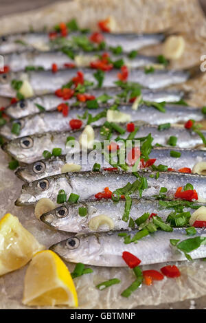 Sarde fresche pronto per la cottura alla griglia Foto Stock