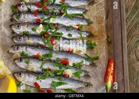 Sarde fresche pronto per la cottura alla griglia Foto Stock