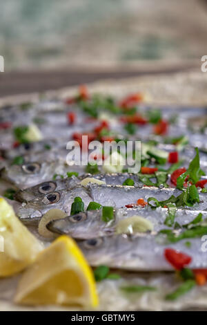 Sarde fresche pronto per la cottura alla griglia Foto Stock