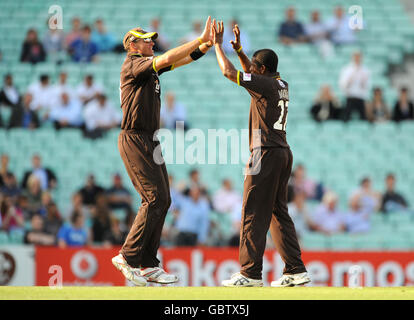 Cricket - Twenty20 Cup 2009 - South Division - Surrey Brown Caps / Essex Eagles - The Brit Oval. Chris Jordan (a destra) festeggia con Andre Nel dopo aver preso il cazzo di Essex Eagles Mark Pettini per il 87. Foto Stock