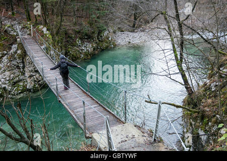 La Slovenia, Zgornja Idrijca Parco Naturale, il ponte sul fiume Idrijca Foto Stock