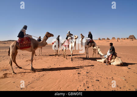 L'Africa, il Sudan, la Nubia, nomad con dromedario, piramidi di Meroe in background Foto Stock