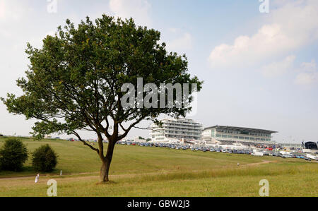 Corse ippiche - Epsom Live! Con Status Quo - Ippodromo di Epsom Downs. Vista generale dello stand della Regina (a sinistra) e dello stand della Duchessa all'ippodromo di Epsom Foto Stock