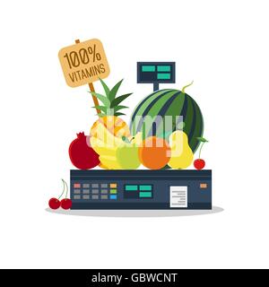 Prodotti naturali di frutta e verdura su scale. Illustrazione Vettoriale