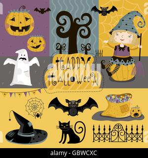 Impostare gli elementi tradizionali di Halloween. Illustrazione Vettoriale