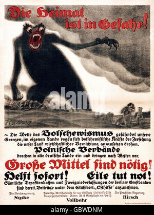Geografia / viaggio, Germania, politica, battaglie in Oriente, appello per donazioni di 'Ostschutz' (protezione Est), poster 'Die Heimat ist in Gefahr' (la casa è in pericolo), progetto di N. Arnaud, 1919, firmato da Gustav Noske (ministro della guerra del Reich) e Paul Hirsch (primo ministro della Prussia), SPD, diritti aggiuntivi non disponibili Foto Stock