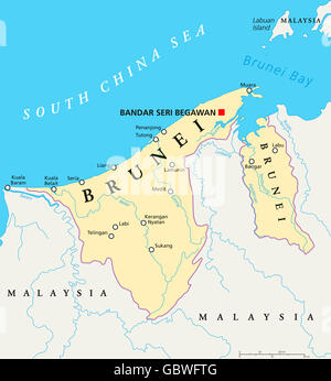 Brunei mappa politico con capitale Bandar Seri Begawan, i confini nazionali, delle città e dei fiumi. Foto Stock