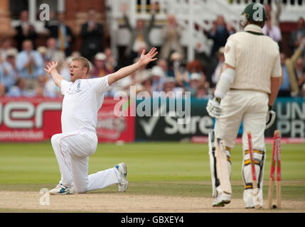 Andrew Flintoff in Inghilterra celebra il suo quinto wicket dopo aver preso l'australiano Peter Siddle durante il quinto giorno del secondo match di Npower Test a Lord's, Londra. Foto Stock