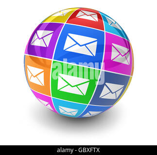 Web marketing e-mail e sito Internet newsletter concetto con un globo e icona e-mail 3D'illustrazione su sfondo bianco. Foto Stock