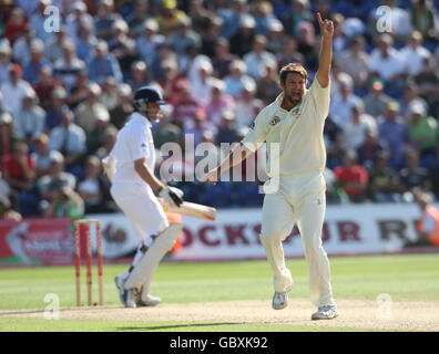 Il ben Hilfenhaus australiano celebra l'intrappolamento dell'Inghilterra del battitore Graeme Swann lbw durante il quinto giorno del primo test di Npower ai Sophia Gardens di Cardiff. Foto Stock