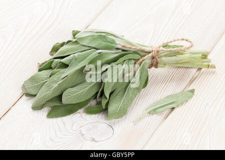 Mazzetto di salvia giardino cantato sul tavolo in legno Foto Stock