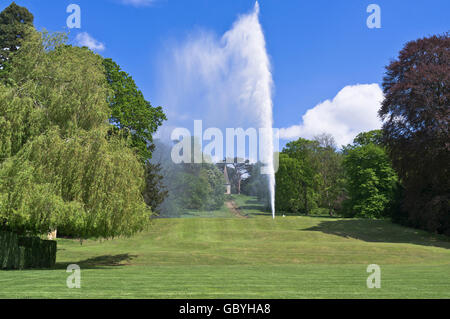 dh Stanway House COTSWOLDS GLOUCESTERSHIRE fontana più alta del Regno Unito 300 piedi alta fontana a getto singolo in estate giardino erba di campagna funzione acqua Foto Stock