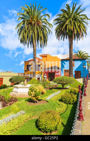 Tipica canaria di colorate case e alberi di palma in La Orotava town, Tenerife, Isole Canarie, Spagna Foto Stock