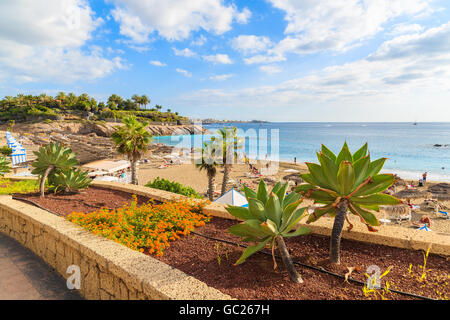 Una vista di sandy El Duque spiaggia dal lungomare in Costa Adeje town, Tenerife, Isole Canarie, Spagna Foto Stock