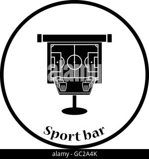 Lo sport bar tavola con boccali di birra e calcio traduzione sullo schermo di proiezione e la relativa icona. Cerchio sottile design. Illustrazione Vettoriale. Illustrazione Vettoriale