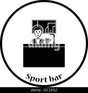 Lo sport bar stand con il barman dietro di esso e traduzione di calcio in tv icona. Cerchio sottile design. Illustrazione Vettoriale. Illustrazione Vettoriale