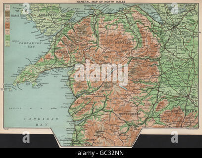 Il Galles del Nord a rilievo. Anglesey Denbigh Carnarvon Merioneth Montgomery, 1902 Mappa Foto Stock