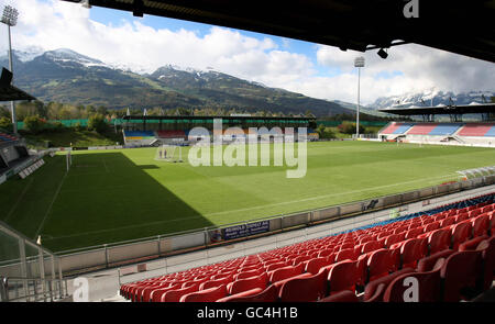 Vista generale dello stadio Rheinpark, Vaduz. Il Galles si presenta mercoledì in una partita di qualificazione per la Coppa del mondo FIFA. Foto Stock