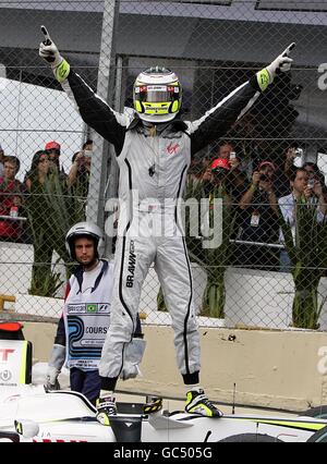 Jenson Button della Brawn GP festeggia dopo aver vinto il Campionato del mondo al Gran Premio del Brasile a Interlagos, San Paolo. Foto Stock