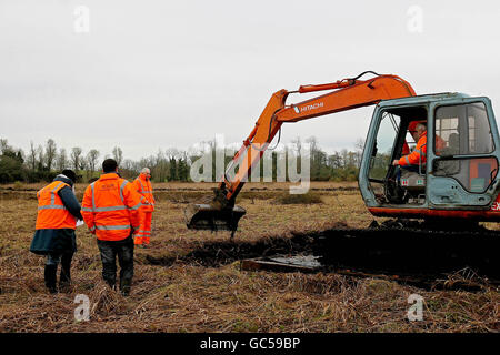 I membri della Commissione indipendente per la localizzazione delle vittime (ICLRC) esaminano i terreni utilizzando geofisica e digger dove si sospetta che i resti di Gerard Evans, provenienti da Armagh sud, siano sepolti, a Carrickrobin, Co Louth. Foto Stock