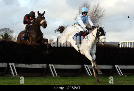 Wizards Dust ridden by Brian Toomey (a destra) guida il campo sulla loro strada per la vittoria nel TurfTV handicap Chase presso l'ippodromo di Ludlow. Foto Stock