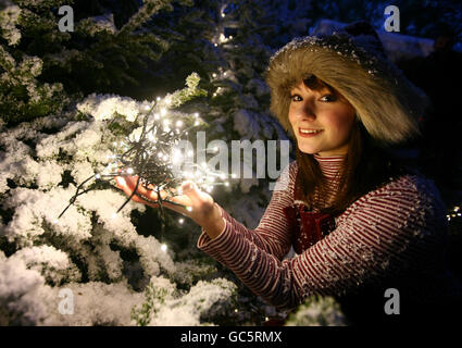 Tamsyn Sear, in carattere come elfo di Santa, tra alberi artificiali ricoperti di neve, mentre i tocchi finali sono messi a Lapponia Regno Unito, vicino Tunbridge Wells, Kent, una produzione teatrale che cerca di ricreare la patria artica di Padre Natale. Foto Stock