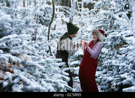 Alice Pashley (a sinistra) e Tamsyn Sear, in carattere come Santa Elves, si levano tra alberi artificiali ricoperti di neve mentre i tocchi finali sono messi a Lapland UK, vicino Tunbridge Wells, Kent, una produzione teatrale che cerca di ricreare la patria artica di Padre Natale. Foto Stock