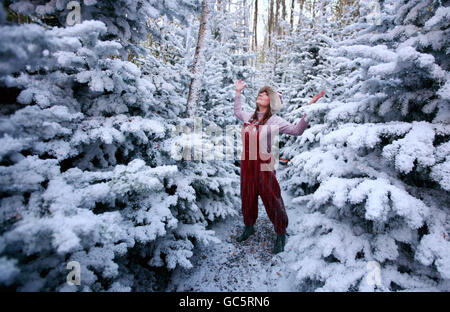 Tamsyn Sear, in carattere come elfo di Santa, si erge tra alberi artificiali ricoperti di neve mentre i tocchi finali sono messi a Lapponia UK, vicino Tunbridge Wells, Kent, una produzione teatrale che cerca di ricreare la patria artica di Padre Natale. Foto Stock