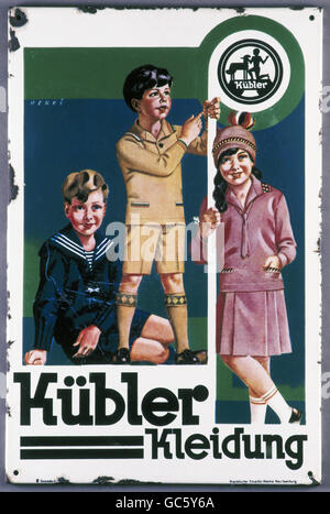 Pubblicità, moda, cartelloni per Kübler Kleidung, design: Henry, produzione: Frankfurter Emaillir - Werke, Neu-Isenburg, 1920, diritti aggiuntivi-clearences-non disponibile Foto Stock