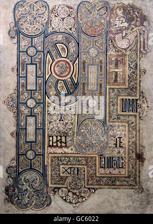 Letteratura, libri, Libro di Kells, iniziale, illuminazione, Irlanda, circa 800, Saint Trinity College di Dublino, Foto Stock