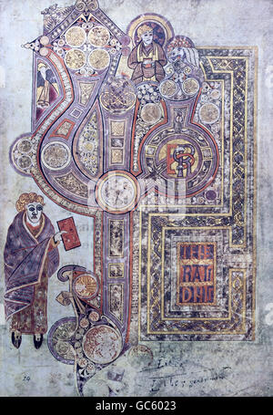 Letteratura, libri, Libro di Kells, iniziale, illuminazione, Irlanda, circa 800, Saint Trinity College di Dublino, Foto Stock