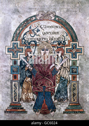Letteratura, libri, Libro di Kells, San Giovanni Evangelista, illuminazione, Irlanda, circa 800, Saint Trinity College di Dublino, Foto Stock