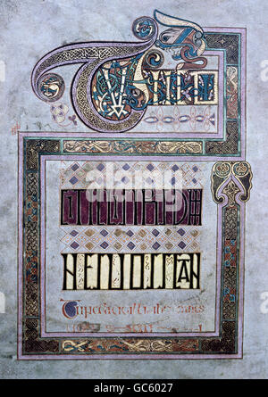 Letteratura, libri, Libro di Kells, iniziale, illuminazione, Irlanda, circa 800, Saint Trinity College di Dublino, Foto Stock
