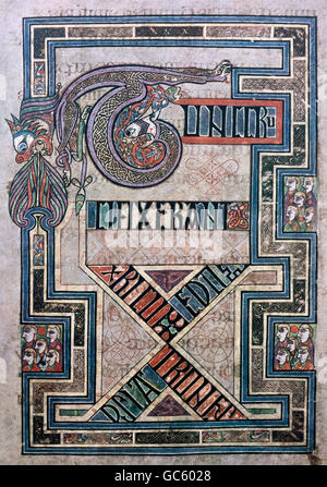 Letteratura, libri, Libro di Kells, iniziale, illuminazione, Irlanda, circa 800, Saint Trinity College di Dublino, Foto Stock