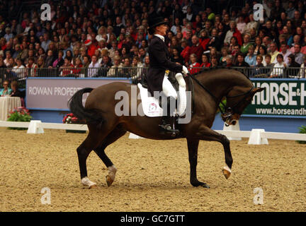 Henriette Andersen della Gran Bretagna su Louis D'Or nella Coppa del mondo FEI Dressage - Grand Prix Freestyle to Music durante il London International Horse Show presso l'Olympia Exhibition Centre, Londra. Foto Stock