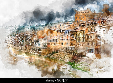 Digital pittura ad acquarello di Valderrobres village Foto Stock