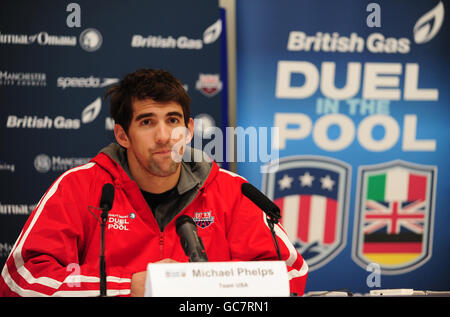 Nuoto - Duel in piscina - Press Call - Manchester Aquatic Center. Michael Phelps USA durante la conferenza stampa al Manchester Aquatic Center di Manchester. Foto Stock