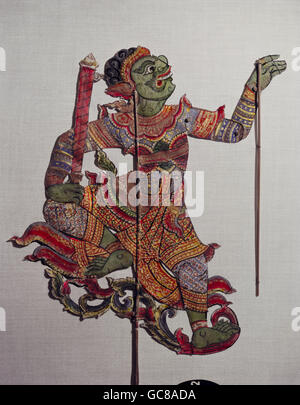 teatro, Shadow play, Thailandia, nang talung figura, Hanuman, leader di un esercito di scimmie, taglio di pelle, 19 ° secolo, Munich Stadtmuseum, religione, induismo, burattini, marionette, Asia, storico, storico, diritti aggiuntivi-clearences-non disponibile Foto Stock