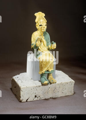 Belle arti, mondo antico, sumerico, scultura, Statua del dio Baal, oro ricoperto di bronzo, Ugarit, 14th/XIII secolo A.C. Damasco museo nazionale, Foto Stock