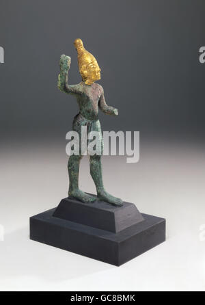 Belle arti, mondo antico, sumerico, scultura, statua di un dio, oro ricoperto di bronzo, Ugarit, 14th/XIII secolo A.C. Damasco museo nazionale, Foto Stock