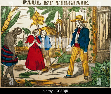 Letteratura, 'Paul and Virginie', romanzo di Jacques Henri Bernardin de Saint-Pierre, 1788, taglio di legno, Pellerin, Epinal, 1860/1870, Metken Collection, , diritti-aggiuntivi-clearences-non disponibile Foto Stock