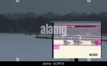 Corse di cavalli - Ippodromo di Lingfield. I corridori e i cavalieri sono mostrati sullo schermo gigante della TV mentre fanno il loro senso intorno al corso nella tazza africana di Bet - handicap di Betdaq Foto Stock